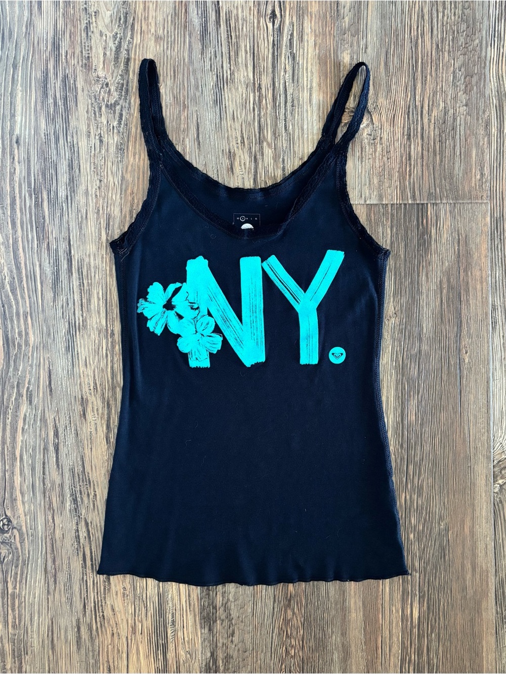 Roxy Cami Tank Top Womens S Black Turquoise “NY” Floral Lace Trim Y2K Beach Surf